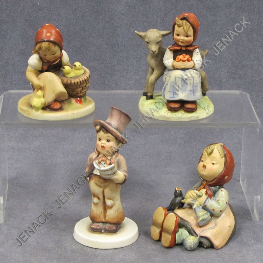 LOT (4) HUMMEL PORCELAIN FIGURES TMK 1: LOT (4) HUMMEL PORCELAIN FIGURES TMK 1 INCLUDING STREET SINGER #131, 5"; HAPPY PASTIME #69, 3 1/2"; GOOD FRIENDS #182, 4 1/4"; CHICK GIRL #57/0, 3 1/2"