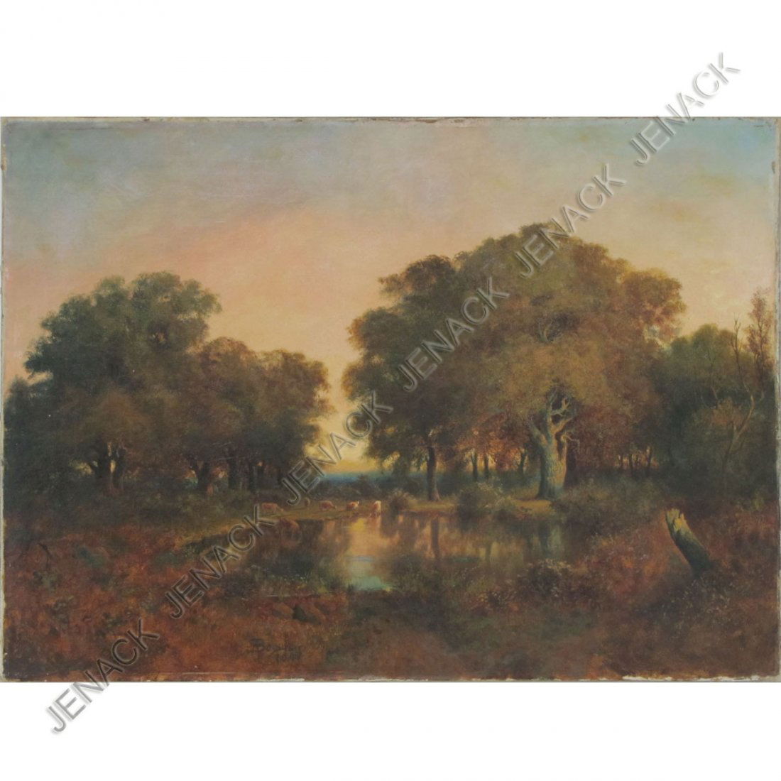 SAMUEL BOUGH (ENGLISH 1822-1878) OIL ON CANVAS: SAMUEL BOUGH (ENGLISH 1822-1878) OIL ON CANVAS, "EVENING AT BUCKHURST HILL, EPPING FORREST", SIGNED & TITLED 1847. 16 X 22" (RELINED)