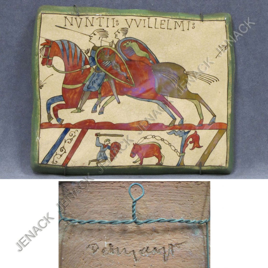 CONTINENTAL GLAZED REDWARE TILE, FIGURES: CONTINENTAL GLAZED REDWARE TILE, FIGURES ON HORSEBACK, SIGNED. 9 X 11"