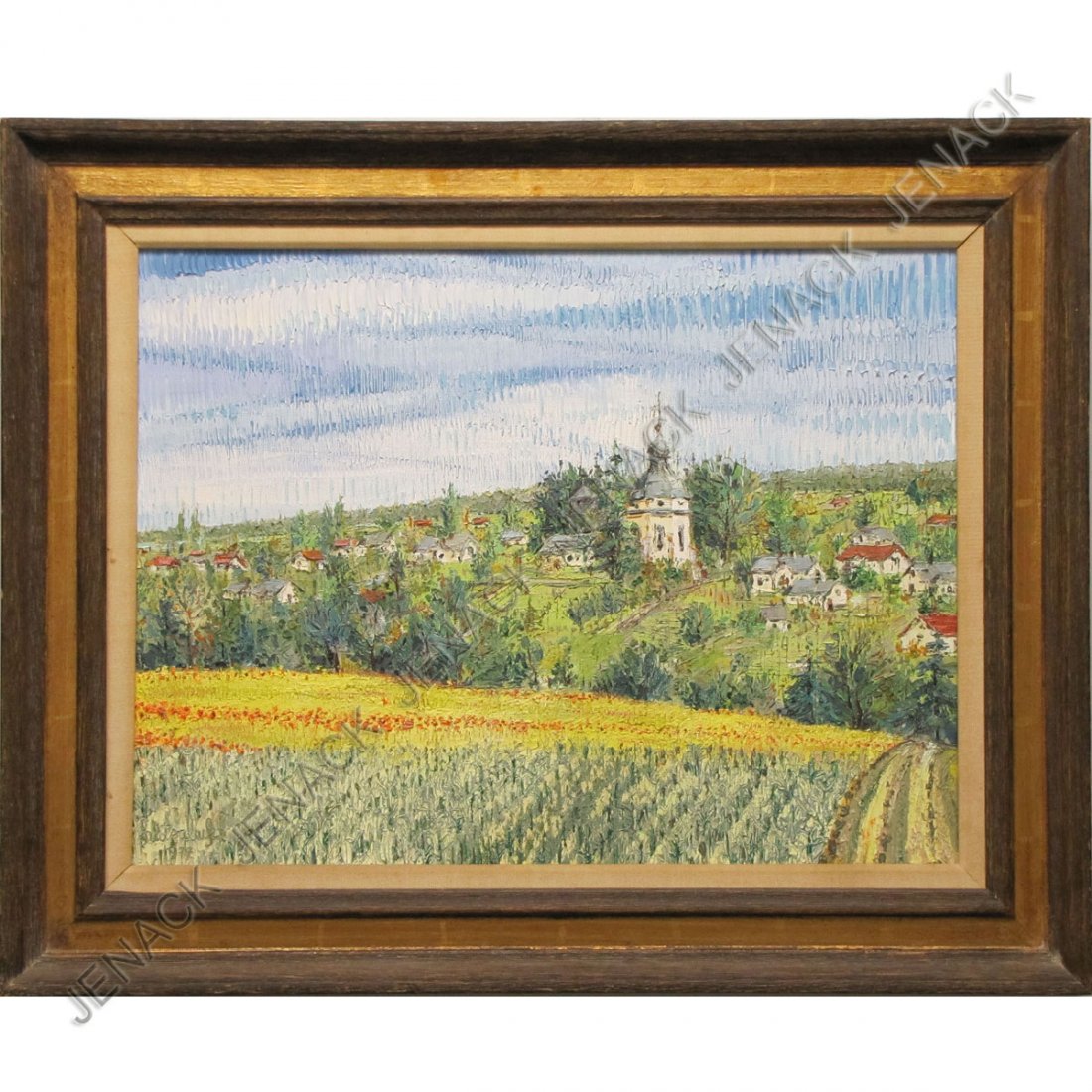 LIUBOSLAV HUTSALIUK (UKRAINIAN/AMERICAN 1923-2003): LIUBOSLAV HUTSALIUK (UKRAINIAN/AMERICAN 1923-2003) OIL ON CANVAS, "VILLAGE MYLOVANIA" SIGNED & TITLED 1979. 18 X 24"; FRAMED 24 X 30"