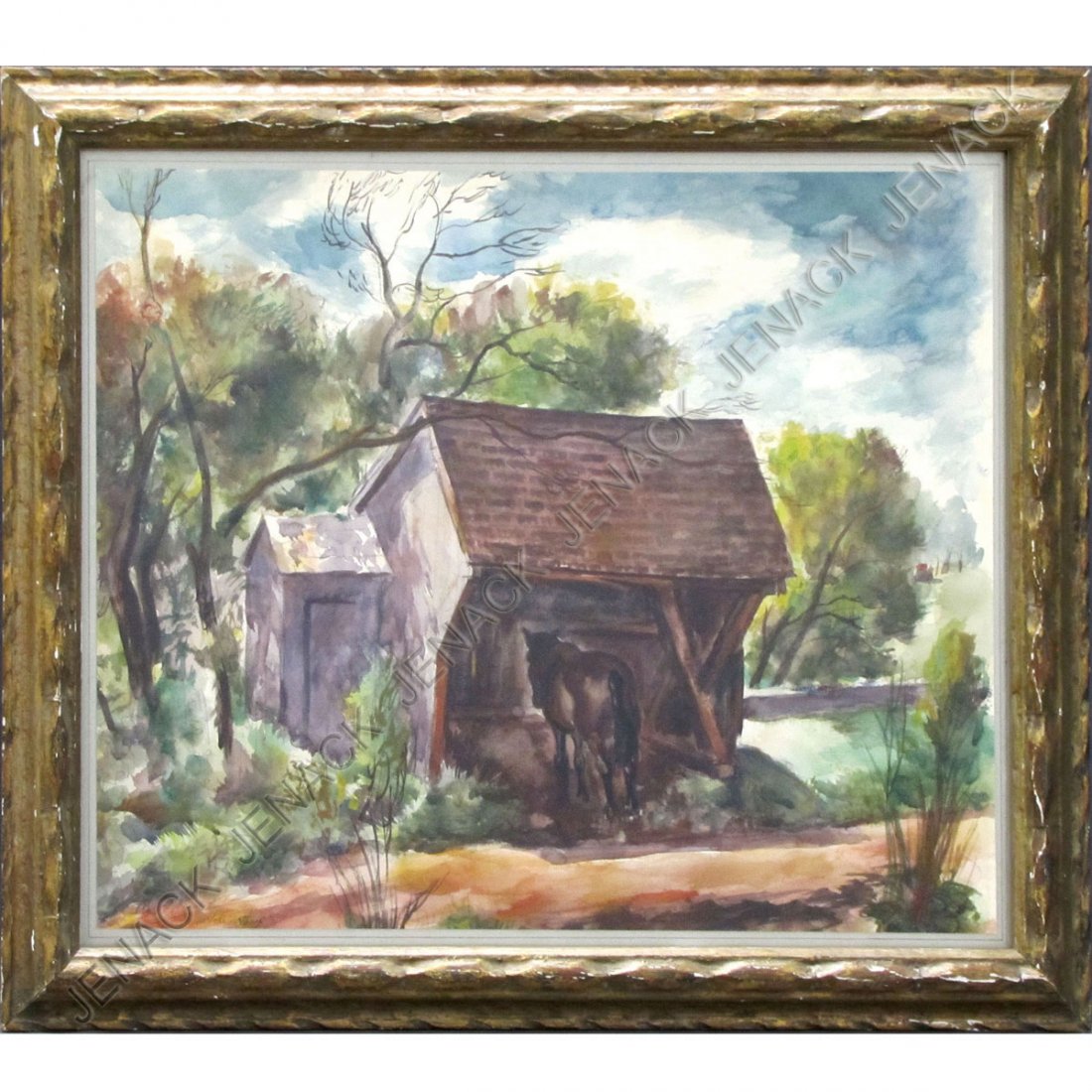 JOHN WHORF (AMERICAN, NATIONAL ACADEMY 1903-1959): JOHN WHORF (AMERICAN, NATIONAL ACADEMY 1903-1959) WATERCOLOR, LANDSCAPE WITH STABLE, SIGNED. SHEET 18 1/2 X 23"; FRAMED AND GLAZED 23 X 28"