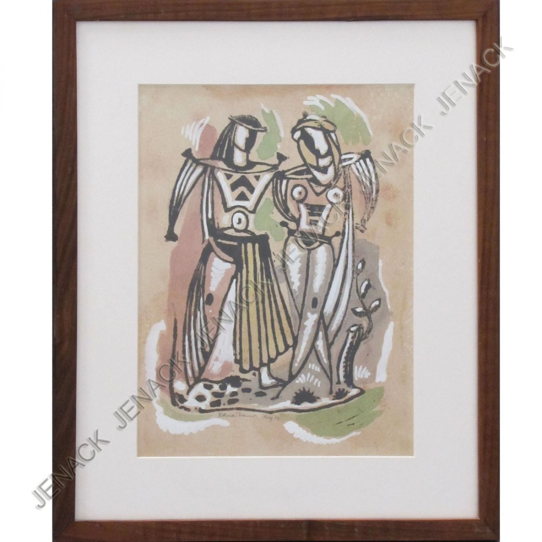 KONRAD CRAMER (AMERICAN 1888-1963), LINOCUT: KONRAD CRAMER (AMERICAN 1888-1963), LINOCUT WITH HAND COLORING, MEDIEVAL COUPLE, SIGNED MAY 1954. SIGHT 13 3/4 X 10"; FRAMED AND GLAZED-20 X 16 1/2"