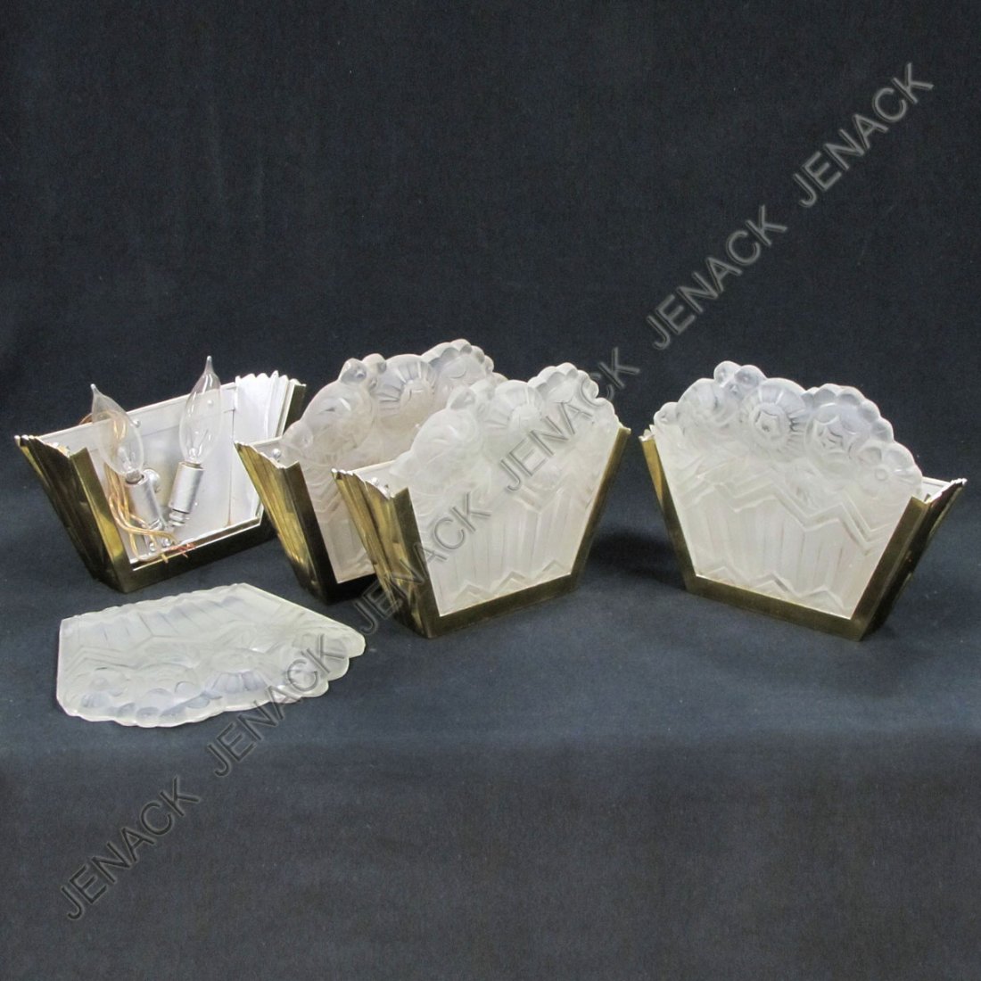 SET (4) ART DECO STYLE BRASS AND GLASS SCONCES: SET (4) ART DECO STYLE BRASS AND FROSTED GLASS PANEL SCONCES. HEIGHT 7 1/2"; WIDTH 9"