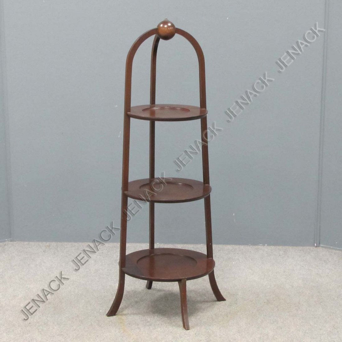 HEPPLEWHITE STYLE MAHOGANY THREE-TIER STAND: HEPPLEWHITE STYLE MAHOGANY THREE-TIER STAND, SIGNED PAINE FURNITURE CO., 20TH CENTURY. HEIGHT 36"