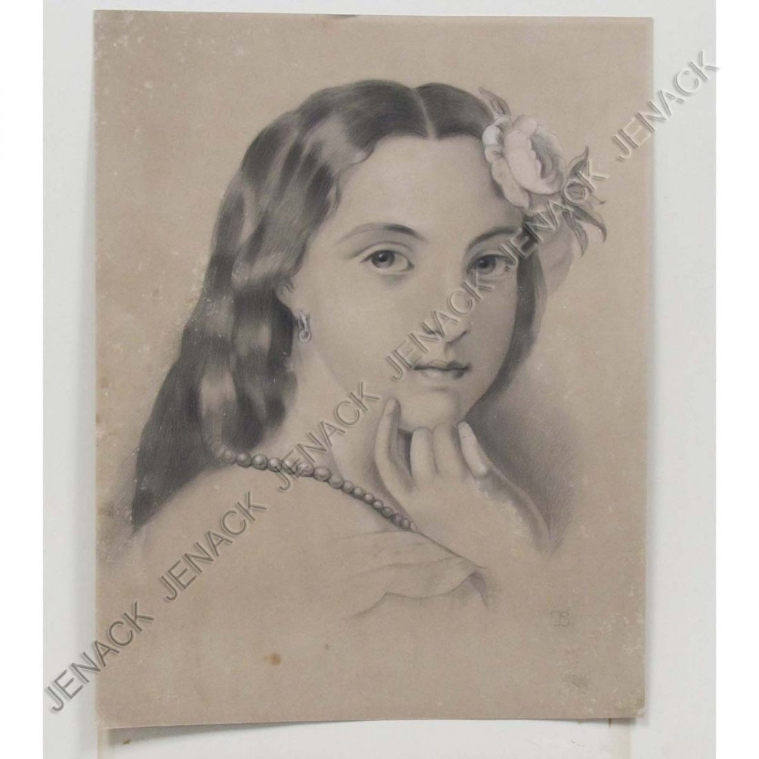 SCHOOL OF THOMAS SULLY, CHARCOAL ON PAPER: SCHOOL OF THOMAS SULLY (AMERICAN 1783-1872) CHARCOAL ON PAPER, PORTRAIT OF YOUNG WOMAN (POSSIBLY JANE COOPER SULLY) MONOGRAMMED. SHEET 14 1/2 X 11 1/4"