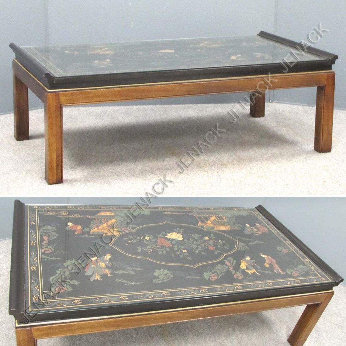 REGENCY STYLE CHINOISERIE GLASS TOP COFFEE TABLE: REGENCY STYLE CHINOISERIE GLASS TOP COFFEE TABLE, DREXEL. HEIGHT 17"; LENGTH 50"