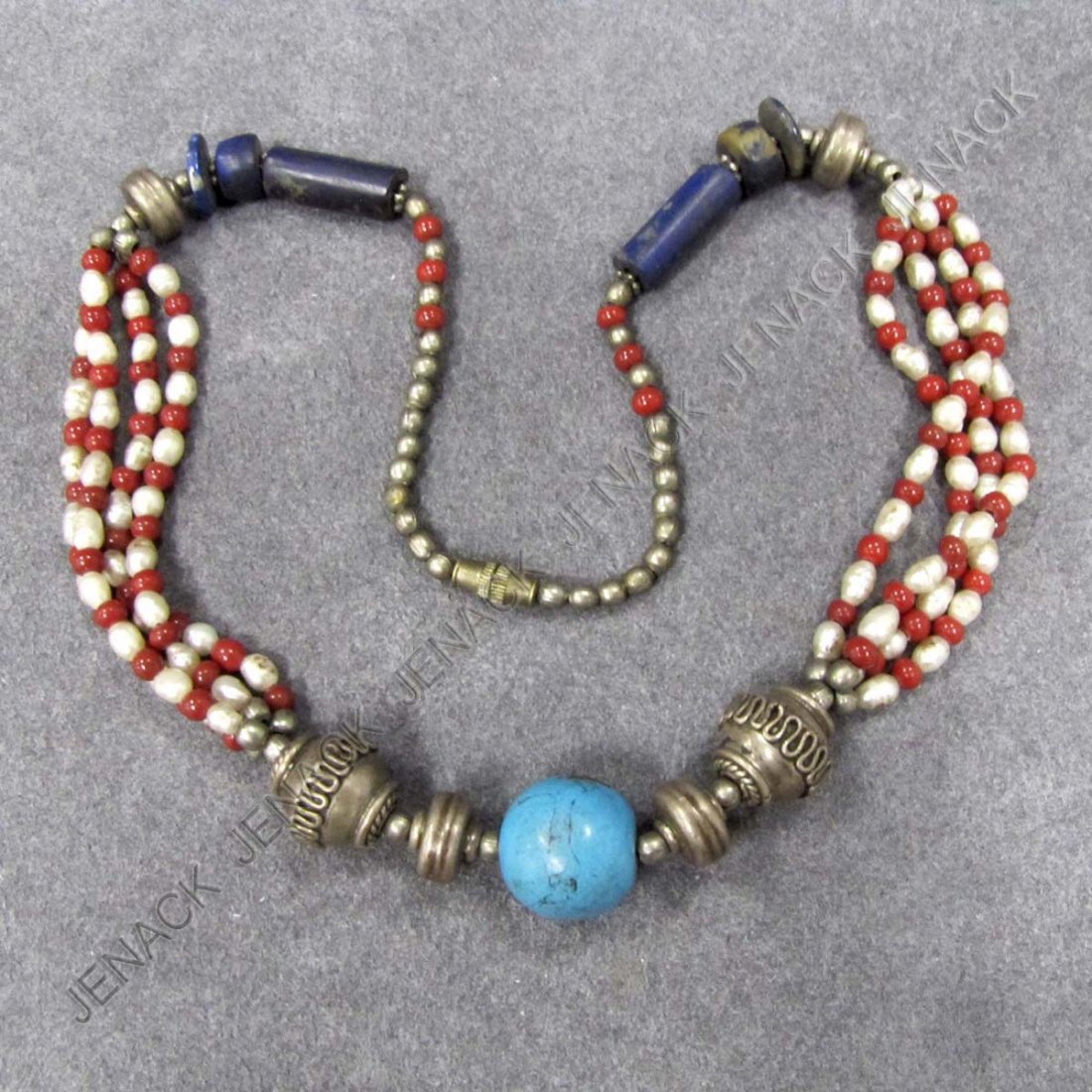 TIBETAN DESIGN SILVER/METAL, MULTI-STONE NECKLACE: TIBETAN DESIGN SILVER/METAL, TURQUOISE, LAPIS AND FRESHWATER PEARL NECKLACE. LENGTH 17"