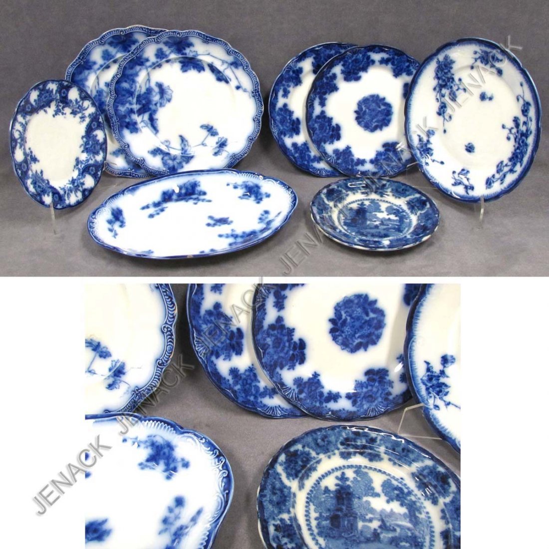 LOT (8) ASSORTED FLOW BLUE PLATES/PLATTER: LOT (8) ASSORTED FLOW BLUE PLATES/PLATTER, 19TH CENTURY