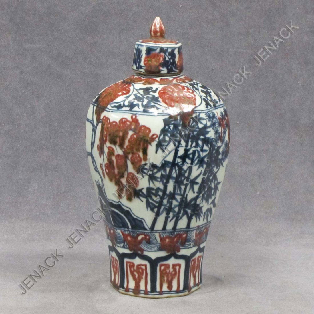 CHINESE MING STYLE RED OXIDE PORCELAIN JAR: CHINESE MING STYLE RED OXIDE DECORATED PORCELAIN COVERED JAR, BEARING SPURIOUS HSUAN TE MARK. HEIGHT 10"