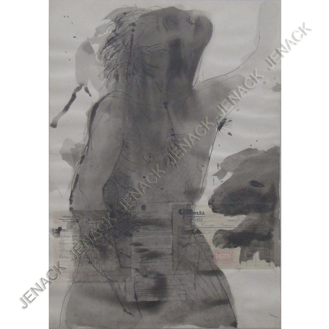 JOSEP GRAU-GARRIGA, MIXED MEDIUM COLLAGE: JOSEP GRAU-GARRIGA (SPANISH 1929-), MIXED MEDIUM, COLLAGE, & INK, FIGURE WITH DOG, SIGNED 1976. SHEET 27 1/2 X 19 1/2"