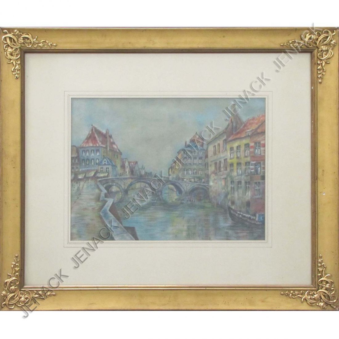 CONTINENTAL SCHOOL, PASTEL, "BRIDGE AT TWILIGHT”: CONTINENTAL SCHOOL (19/20TH CENTURY), PASTEL, "BRIDGE AT TWILIGHT", UNSIGNED. SIGHT 12 X 16"; FRAMED AND GLAZED-24 X 28"