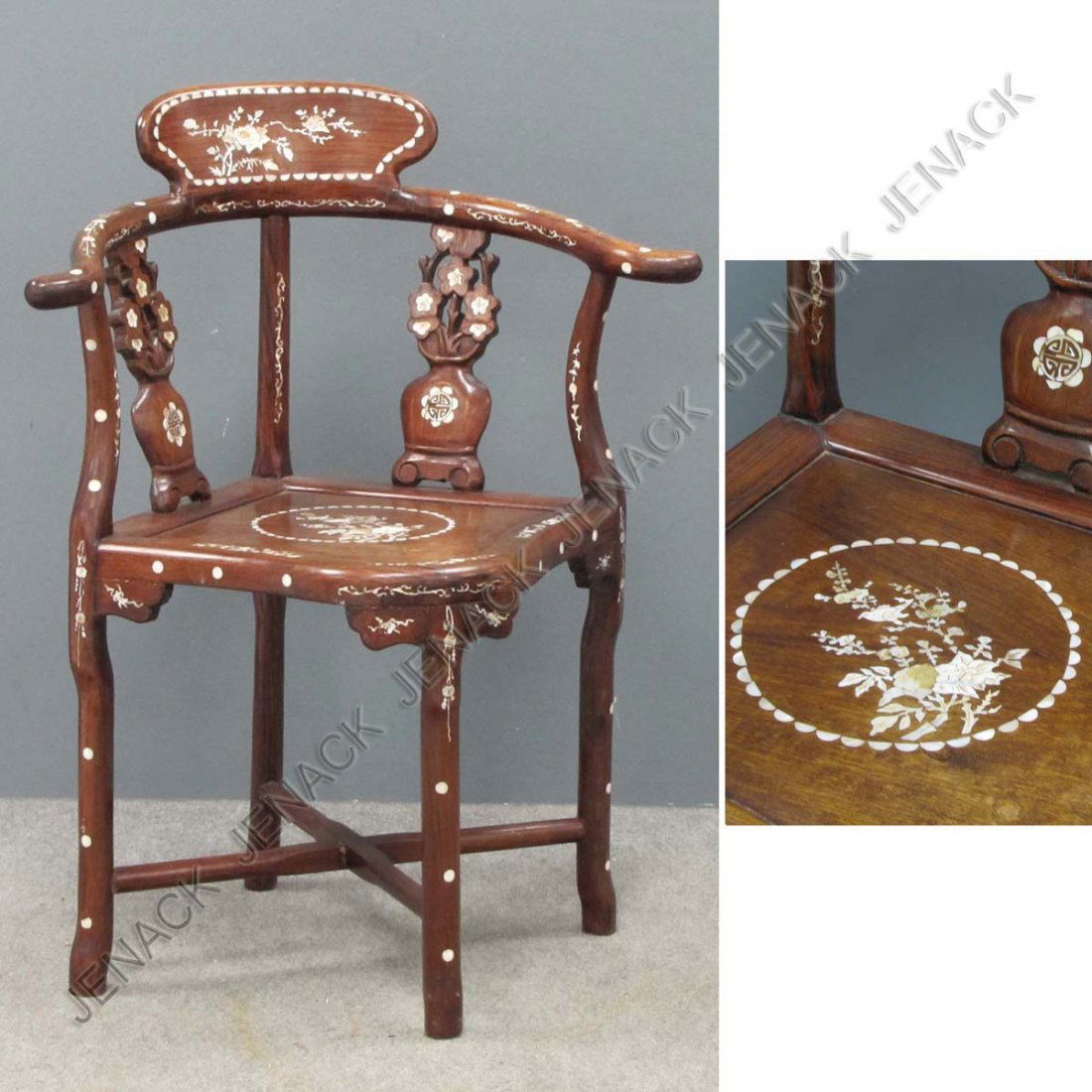 CHINESE CARVED HUANG HUALI CORNER ARM CHAIR: CHINESE CARVED HUANG HUALI CORNER ARM CHAIR WITH MOTHER OF PEARL INLAY