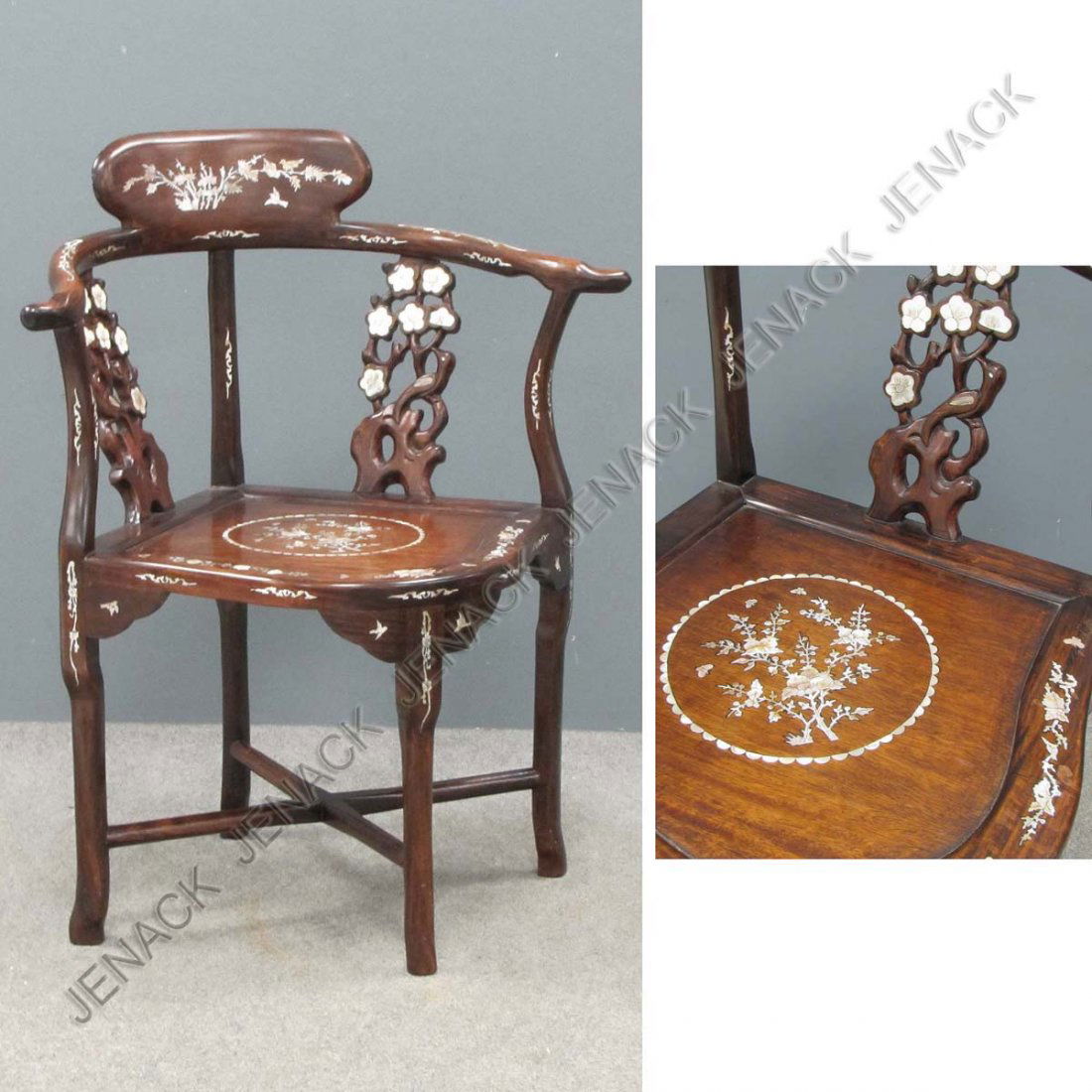 CHINESE CARVED HUANG HUALI CORNER ARM CHAIR: CHINESE CARVED HUANG HUALI CORNER ARM CHAIR WITH MOTHER OF PEARL INLAY