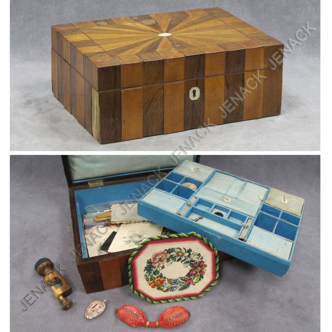 REGENCY INLAID ROSEWOOD/FRUITWOOD SEWING BOX: REGENCY INLAID ROSEWOOD/FRUITWOOD SEWING BOX, 19TH CENTURY. HEIGHT 4 3/4"; LENGTH 12"