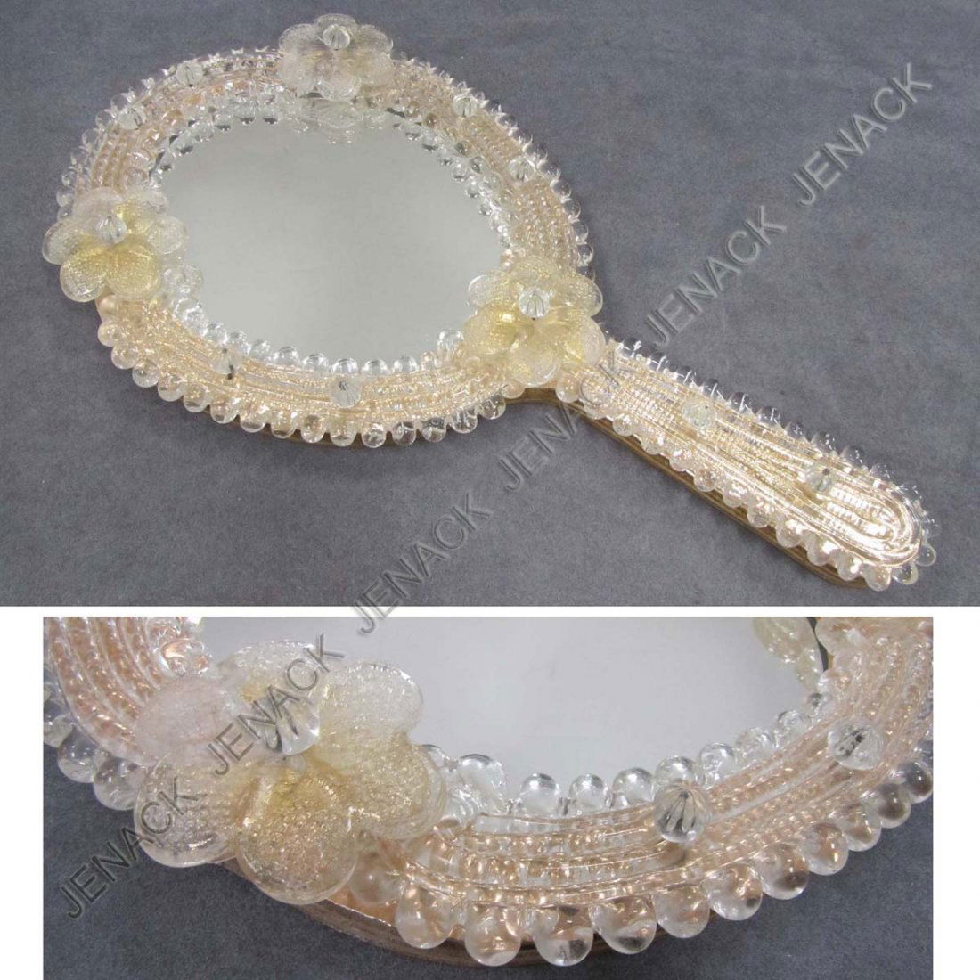 VENETIAN GLASS HAND MIRROR: VENETIAN GLASS HAND MIRROR. HEIGHT 13"
