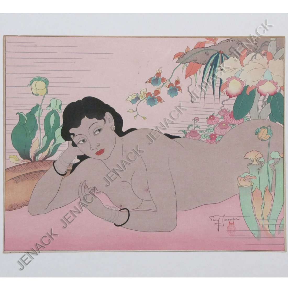 PAUL JACOULET (FRENCH 1902-1960), WOODBLOCK PRINT: PAUL JACOULET (FRENCH 1902-1960), WOODBLOCK PRINT, DANS LA NATURE, ANGAR, SIGNED 1949 (MILES PLATE #103). SHEET 12 X 15 5/8"