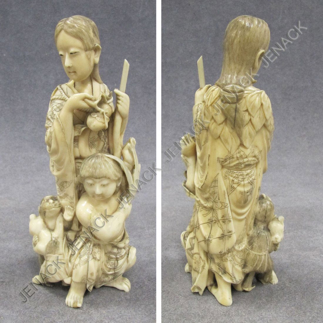 FINE JAPANESE CARVED IVORY OKIMONO FIGURES: FINE JAPANESE CARVED IVORY OKIMONO FIGURES AND ANIMALS. HEIGHT 5 1/2" **CANNOT EXPORT IVORY**