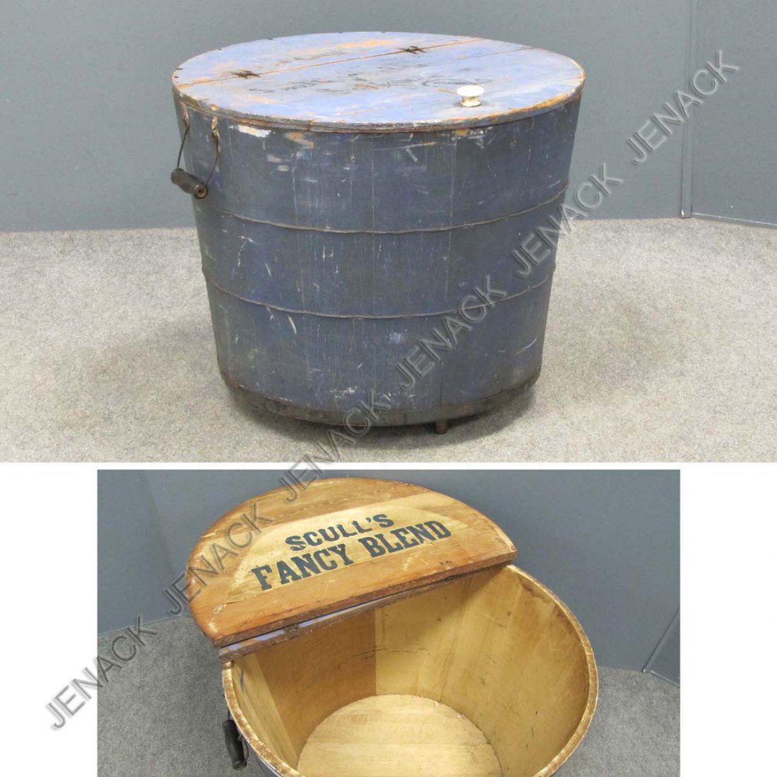 VINTAGE PENNSYLVANIA GENERAL STORE CONTAINER: VINTAGE PENNSYLVANIA GENERAL STORE PAINTED CONTAINER "SCULL'S FANCY BLEND", 19TH CENTURY. HEIGHT 17"; DIAMETER 21"