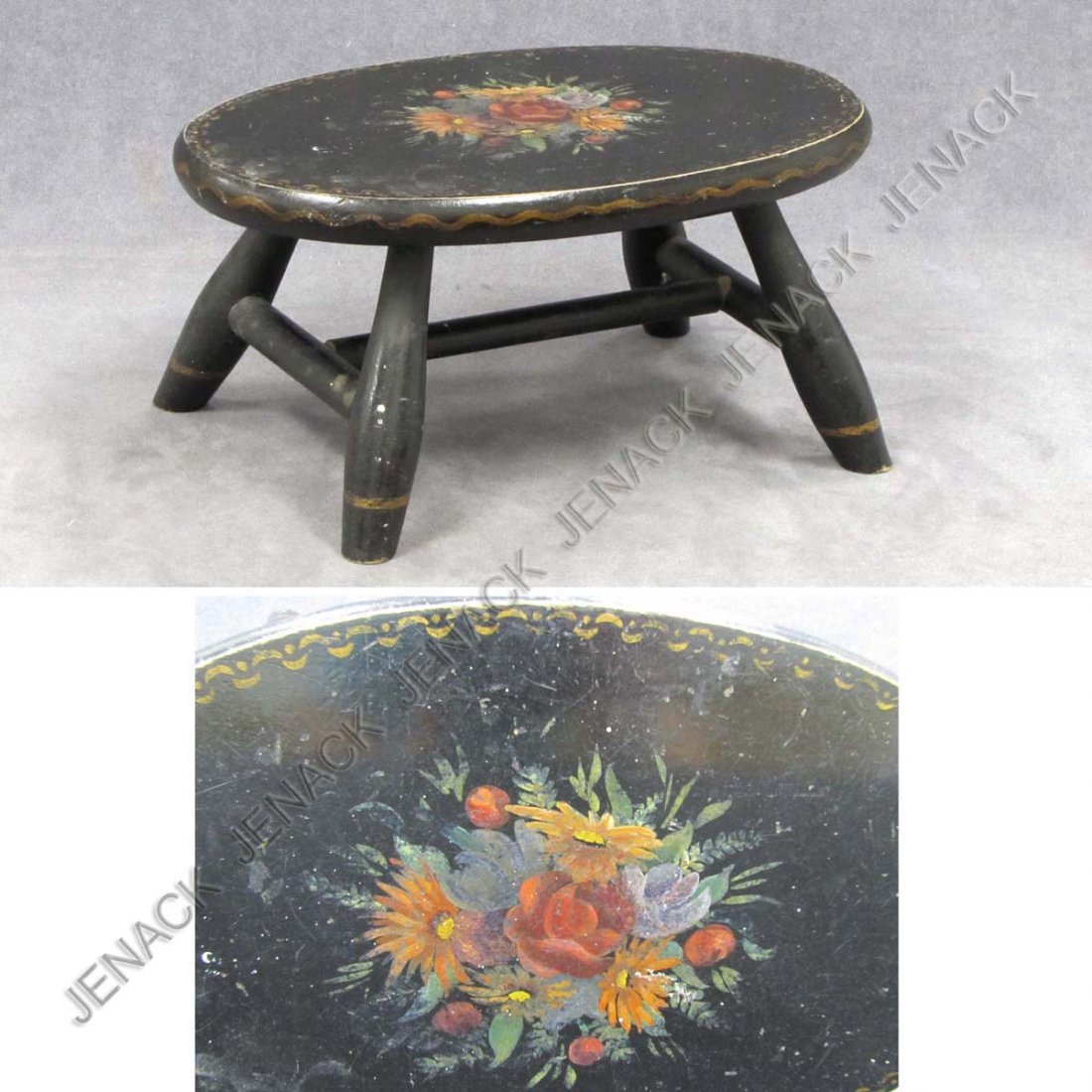 WINDSOR STYLE PAINT DECORATED STOOL: WINDSOR STYLE PAINT DECORATED STOOL. HEIGHT 6"; LENGTH 13"