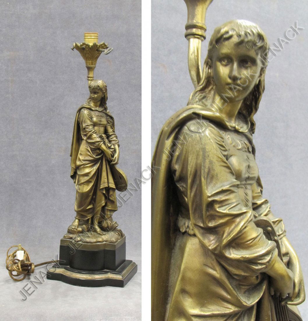 EUTROPE BOURET (FRENCH 1833-1906), GILT BRONZE: EUTROPE BOURET (FRENCH 1833-1906), GILT BRONZE, WOMAN WITH MANDOLIN, SIGNED WITH BASE. HEIGHT 18" (MOUNTED AS A LAMP)