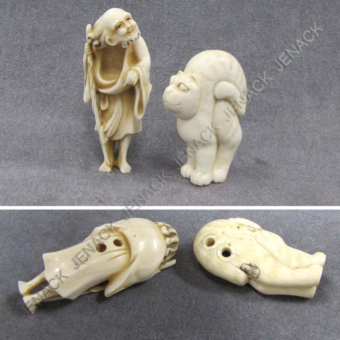 LOT (2) JAPANESE CARVED IVORY NETSUKE: LOT (2) JAPANESE CARVED IVORY NETSUKE, HEIGHT 2"; TRAVELER, HEIGHT 2 1/2", SIGNED **CANNOT EXPORT IVORY**