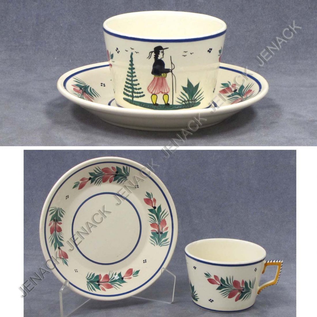 QUIMPER FAIENCE OVERSIZED CUP AND SAUCER: QUIMPER FAIENCE OVERSIZED CUP AND SAUCER, SIGNED. CUP HEIGHT 3 1/2"; SAUCER DIAMETER 7 1/2"