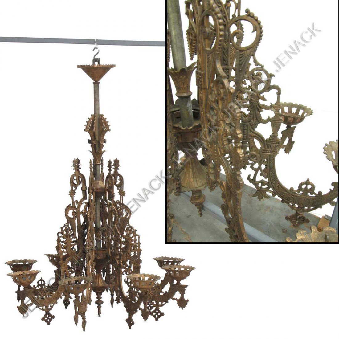 353 Victorian Gilt Cast Iron Oil Lamp Chandelier