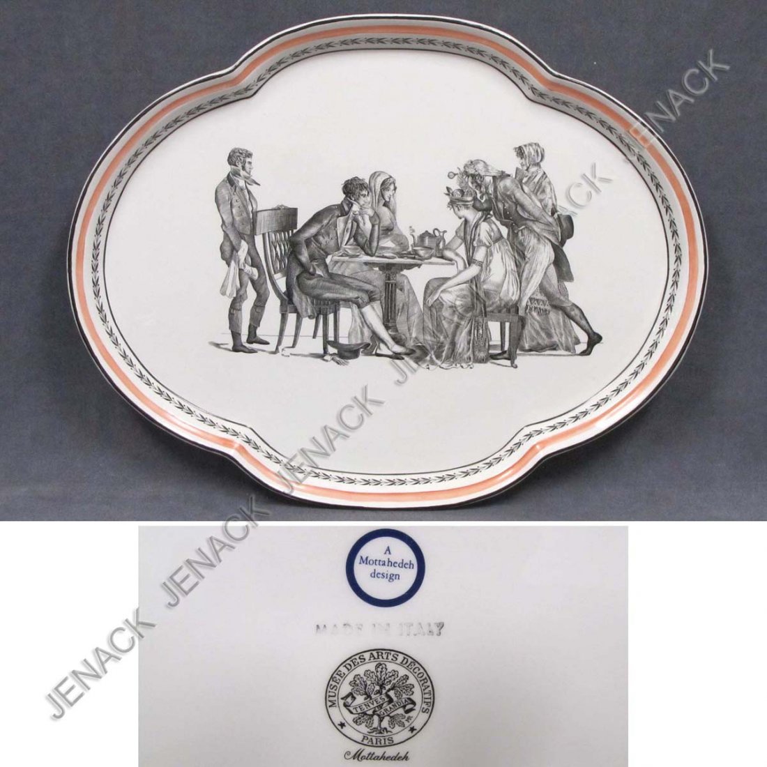 MOTTAHEDEH DECORATED POTTERY TRAY: MOTTAHEDEH DECORATED POTTERY TRAY, SIGNED. 13 1/2 X 17 1/2"