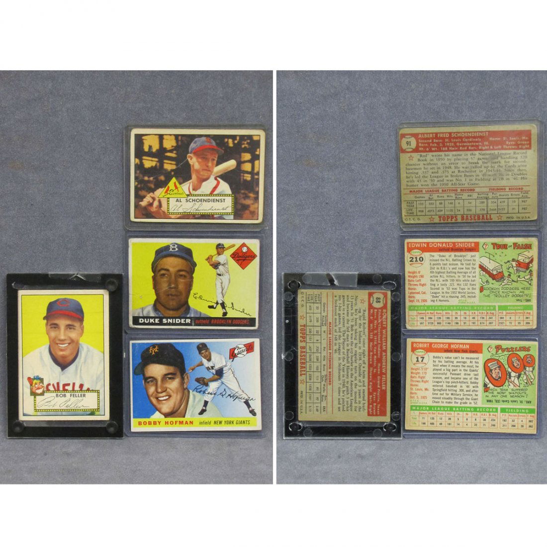 LOT (4) TOPPS BASEBALL CARDS: LOT (4) TOPPS BASEBALL CARDS INCLUDING 1952 BOB FELLER #88; 1952 AL (RED) SCHOENDIENST #91; 1955 DUKE SNIDER #210; 1955 BOBBY HOFFMAN #17