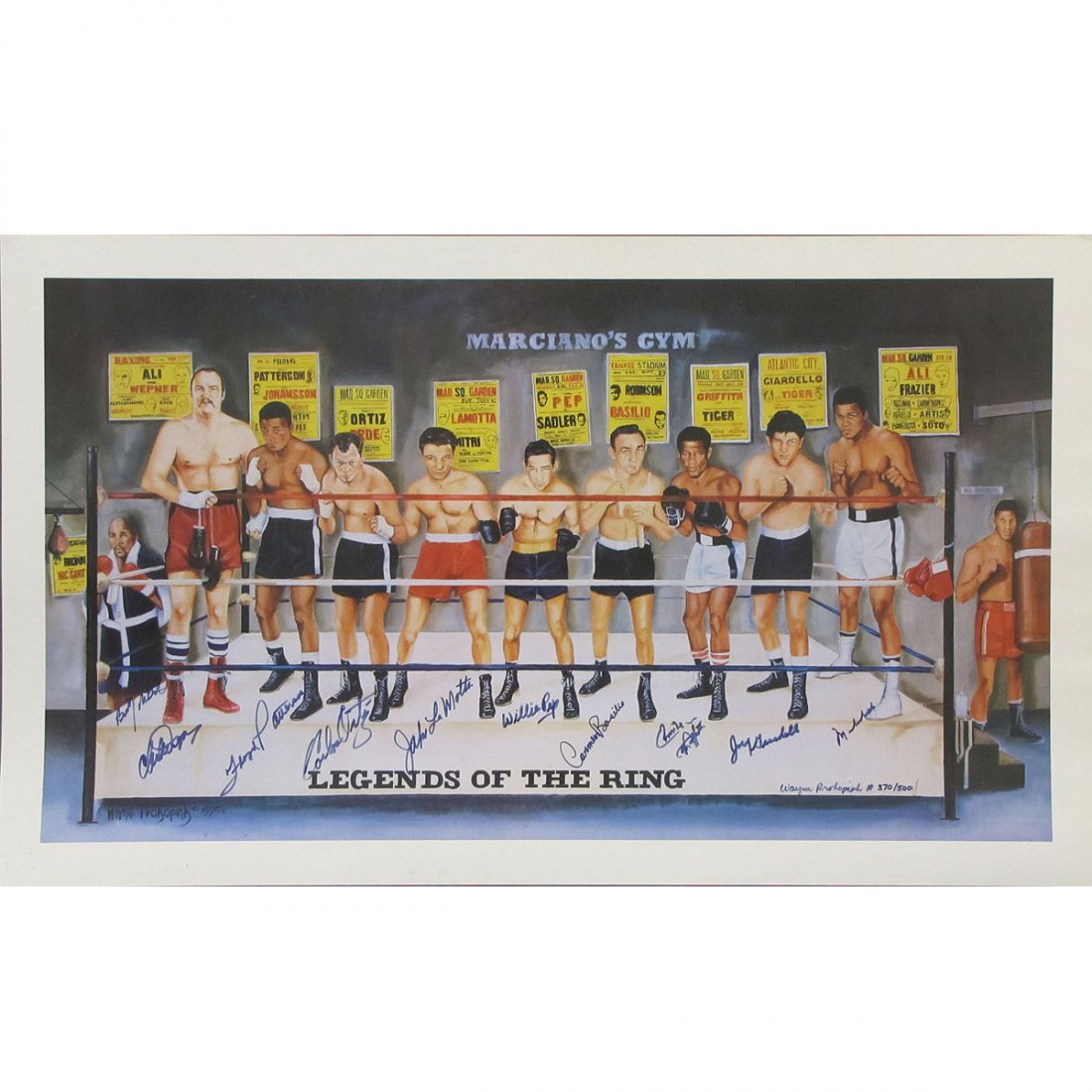 WAYNE PROKOPIAK (AMERICAN 20TH CENTURY), LITHO: WAYNE PROKOPIAK (AMERICAN 20TH CENTURY), OFFSET LITHOGRAPH, "LEGENDS OF THE RING", AUTOGRAPHED BY BUDDY MCGIRT, JOE WEPNER, FLOYD PATTERSON, CARLOS ORTIZ, JAKE LAMOTTA, WILLIE PEP, CARMINE BASILIO, EM