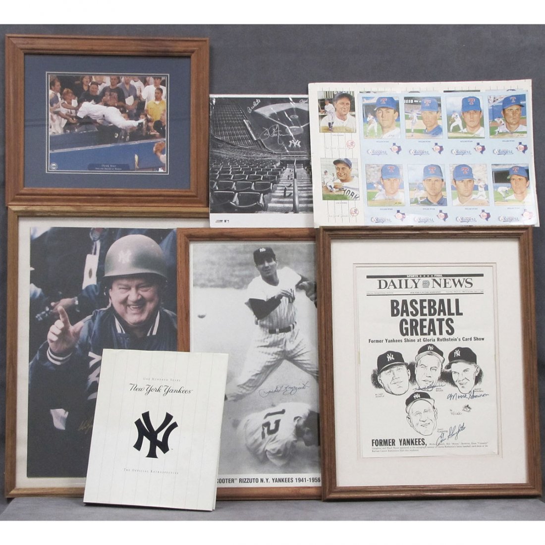 LOT NY YANKEES INCLUDING SIGNED PRINTS/PHOTOS: LOT NY YANKEES INCLUDING SIGNED PRINTS/PHOTOS, UNCUT CARDS, AND BOOK INCLUDING PHIL RIZZITO, HANK BAUER, MOOSE SKOWRON, ENOS SLAUGHTER, DON ZIMMER, ETC