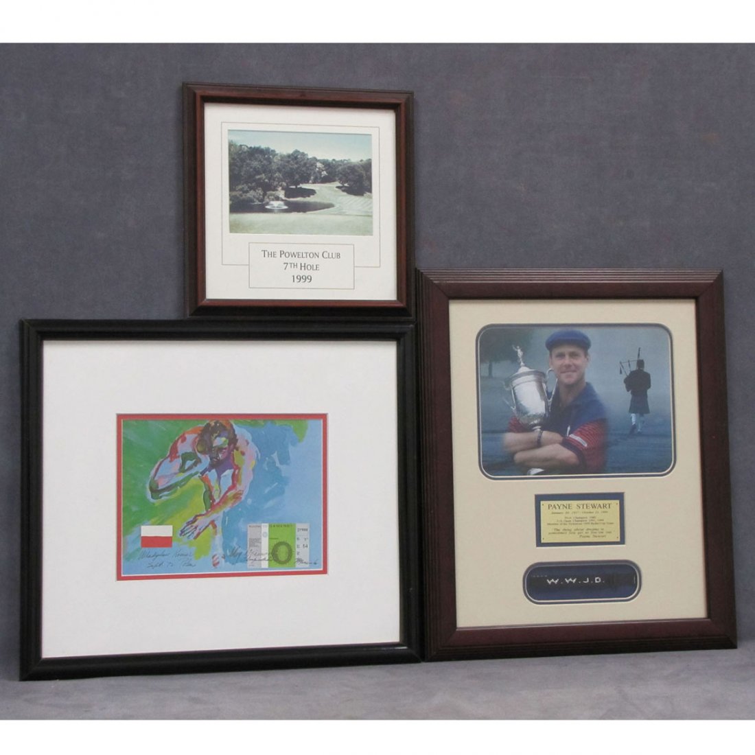 LOT (3) INCLUDING PAYNE STEWART PHOTO AND BRACELET: LOT (3) INCLUDING PAYNE STEWART PHOTO AND BRACELET, FRAMED AND GLAZED-19 X 16"; LEROY NEIMAN 1972 MUNICH OLYMPICS PRINT, WLADYSLAW KOMAR POLISH SHOT PUT, FRAMED AND GLAZED-16 X 19"; THE POWETTON CLUB 