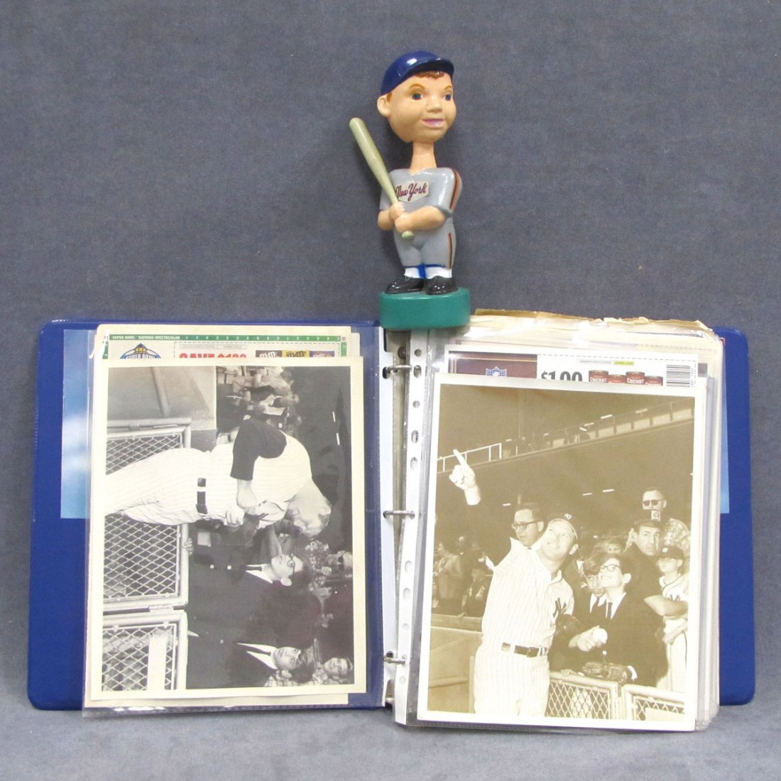 LOT ASSORTED SPORTS INCLUDING AUTOGRAPHED BASEBALL: LOT ASSORTED SPORTS INCLUDING AUTOGRAPHED BASEBALL AND BASKETBALL PHOTOS AND PRINTS INCLUDING MICKEY MANTLE, TINO MARTINEZ, HANK BAVER, ENOS SLAUGHTER, MOOSE SKOURON, PHIL RIZZUTO AND BOBBLE HEAD MR.