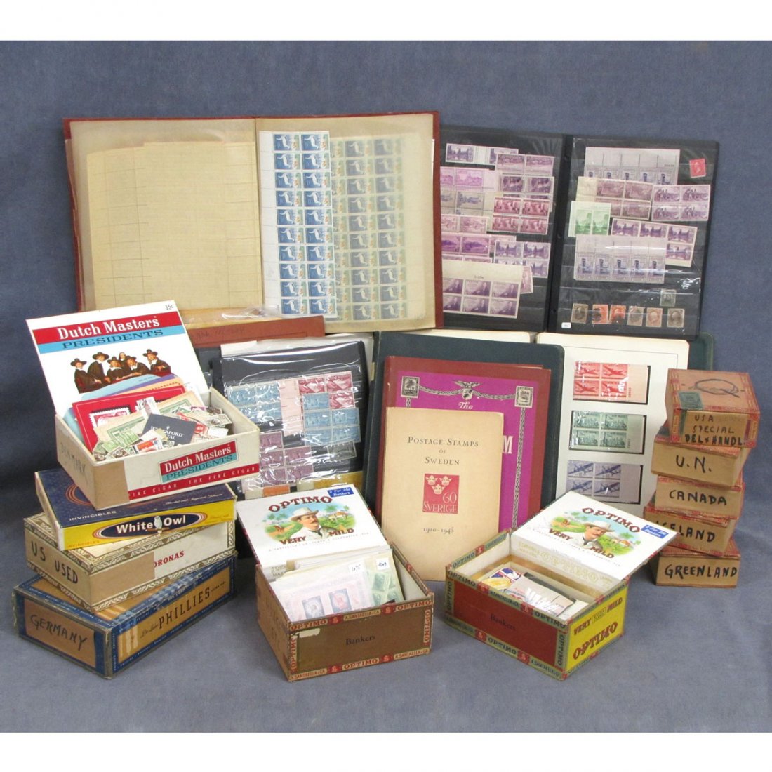 LOT U.S. AND WORLDWIDE STAMPS INCLUDING CIGAR BOXE: LOT U.S. AND WORLDWIDE STAMPS INCLUDING CIGAR BOXES, GLASSINES, ETC., ITEMS OF NOTE-U.S. SCOTT CATALOG #'S 367, 548-550, 567, 569 INCLUDES 2 CENT REDS, 3-CENT PURPLES; U.S. STOCK CARDS, USED AND UNUSE