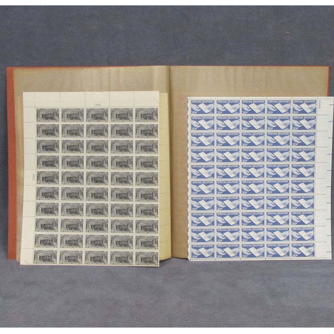 LOT U.S. STAMP MINT SHEETS SPECIAL DELIVERY: LOT U.S. STAMP MINT SHEETS SPECIAL DELIVERY SCOTT CATALOG 3'S E 14, 15, 16, 17, 19, 20, 21; CERTIFIED MAIL FAI AND PARTIAL SHEETS