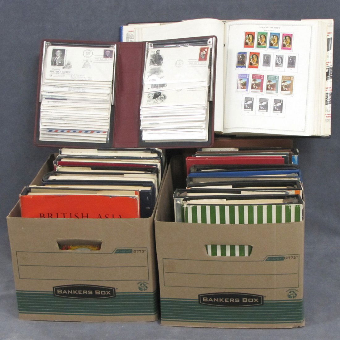 LOT (2) BOXES WORLDWIDE AND U.S. INCLUDES (8) MINK: LOT (2) BOXES WORLDWIDE AND U.S. INCLUDES (8) MINKUS ALBUMS BRITISH COMMON WEALTH AND INFLUENCES FAIR SHOWING EARLIES TO 1960 USED AND UNUSED, ALBUM U.N. MINKUS STAMPS AND STATIONARY. AYAL THREE RING