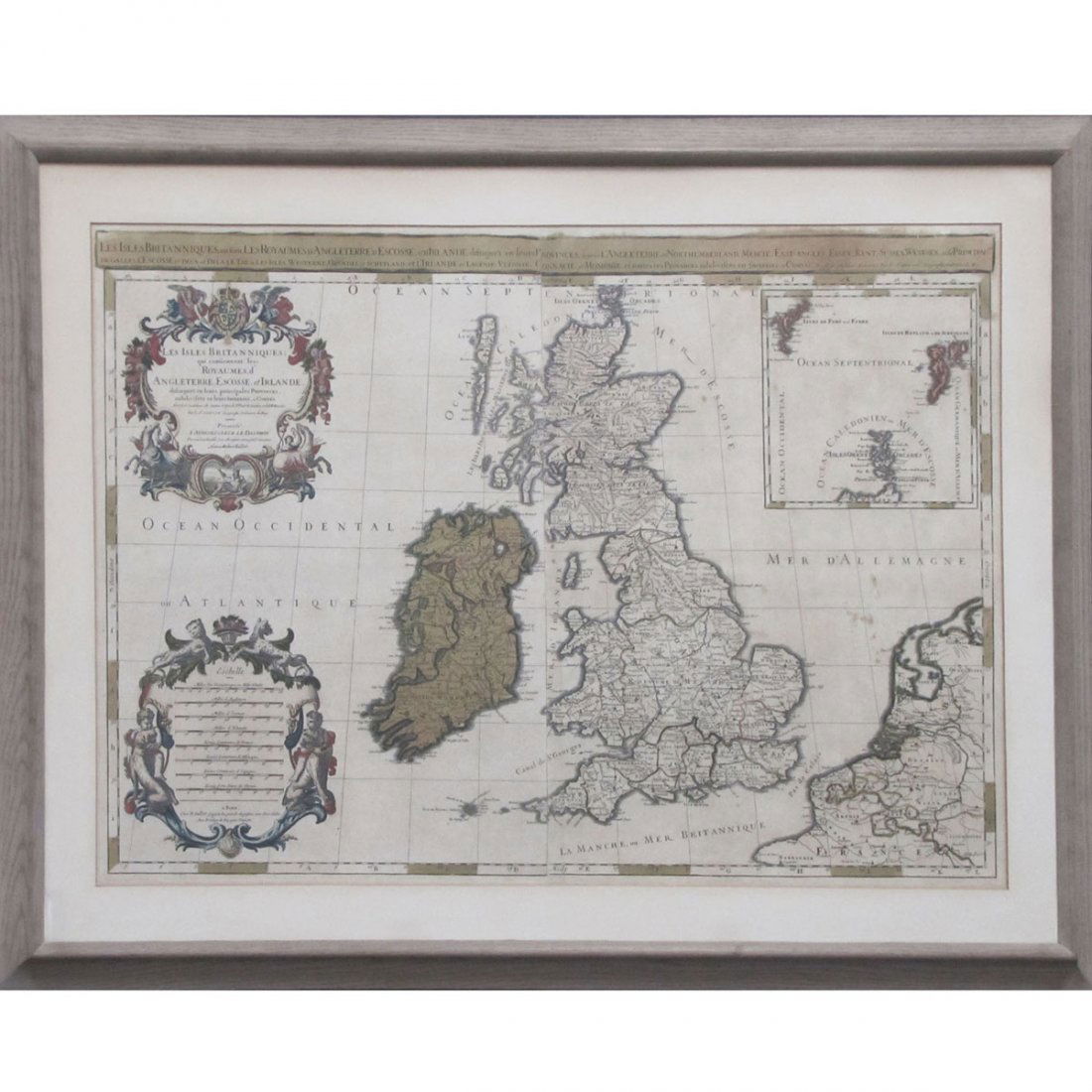 ALEXIS HUBERT JAILLOT, HAND COLORED ENGRAVED MAP: ALEXIS HUBERT JAILLOT, HAND COLORED ENGRAVED MAP, LES ISLES BRITANNIQUES, WITH INSET OF THE ORKNEYS AND SHETLAND ISLES, AMSTERDAM C.1705, 2-SHEETS JOINED. SIGHT 23 1/2 X 36"; FRAMED AND GLAZED-32 X 44