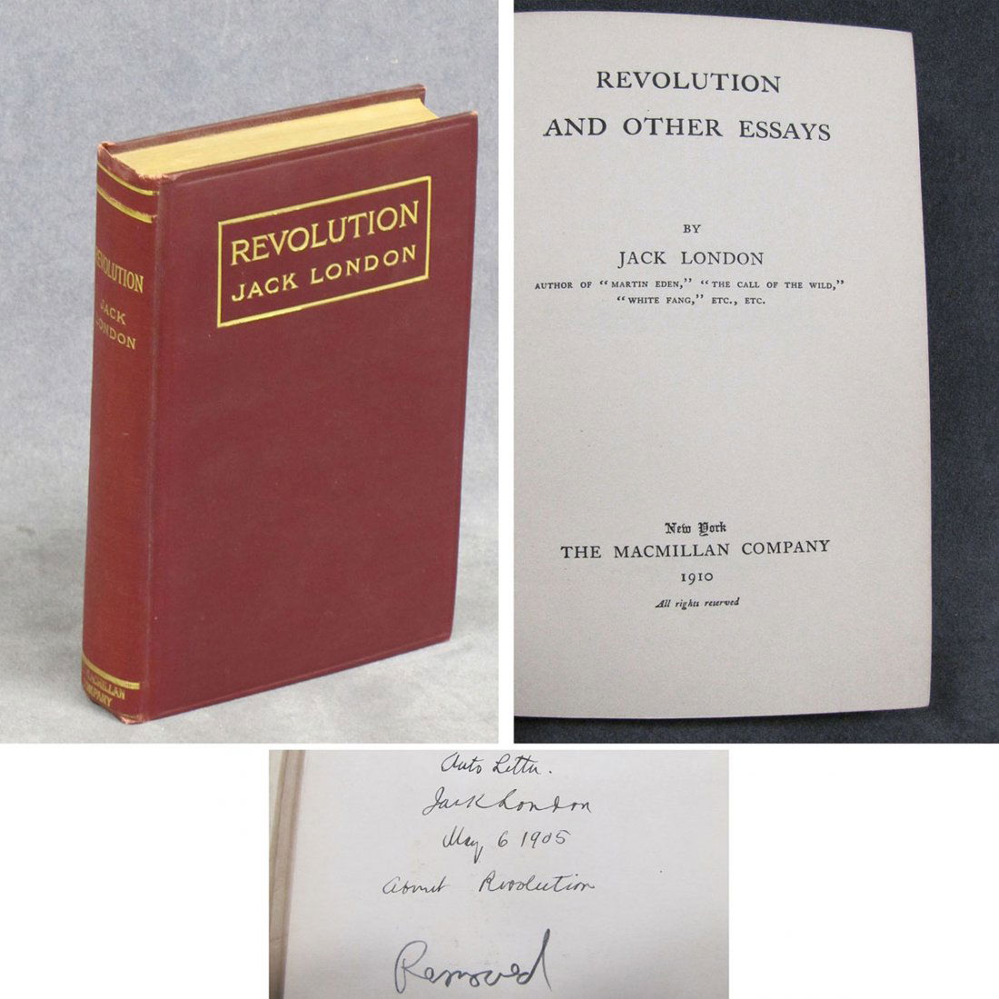 JACK LONDON, REVOLUTION AND OTHER ESSAYS: JACK LONDON, REVOLUTION AND OTHER ESSAYS (TIPPED INSCRIPTION & SIGNATURE), MACMILLAN NY, 1ST ED 1910