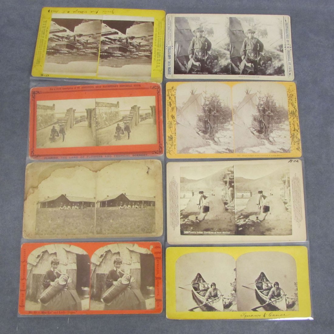 LOT (8) NATIVE AMERICAN STEREOPTIC VIEWS: LOT (8) NATIVE AMERICAN STEREOPTIC VIEWS PHOTOGRAPHERS INCLUDING TIMOTHY O'SULLIVAN, HENRY BROWN, T.W. INGERSOLL, H.H. BENNETT, W.H. JACKSON, C.B. BRUBAKER, CONTINENT STEREOSCOPIC CO.