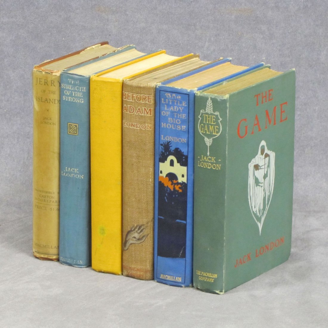 JACK LONDON (AMERICAN 1876-1916), LOT (6) FIRST ED: JACK LONDON (AMERICAN 1876-1916), LOT (6) FIRST EDITIONS, MACMILLAN INCLUDING JERRY, 1917; THE STRENGTH OF THE STRONG, 1914; THE MUTINY OF THE ELSINORE, 1914; BEFORE ADAM, 1907; THE LADY OF THE BIG HO