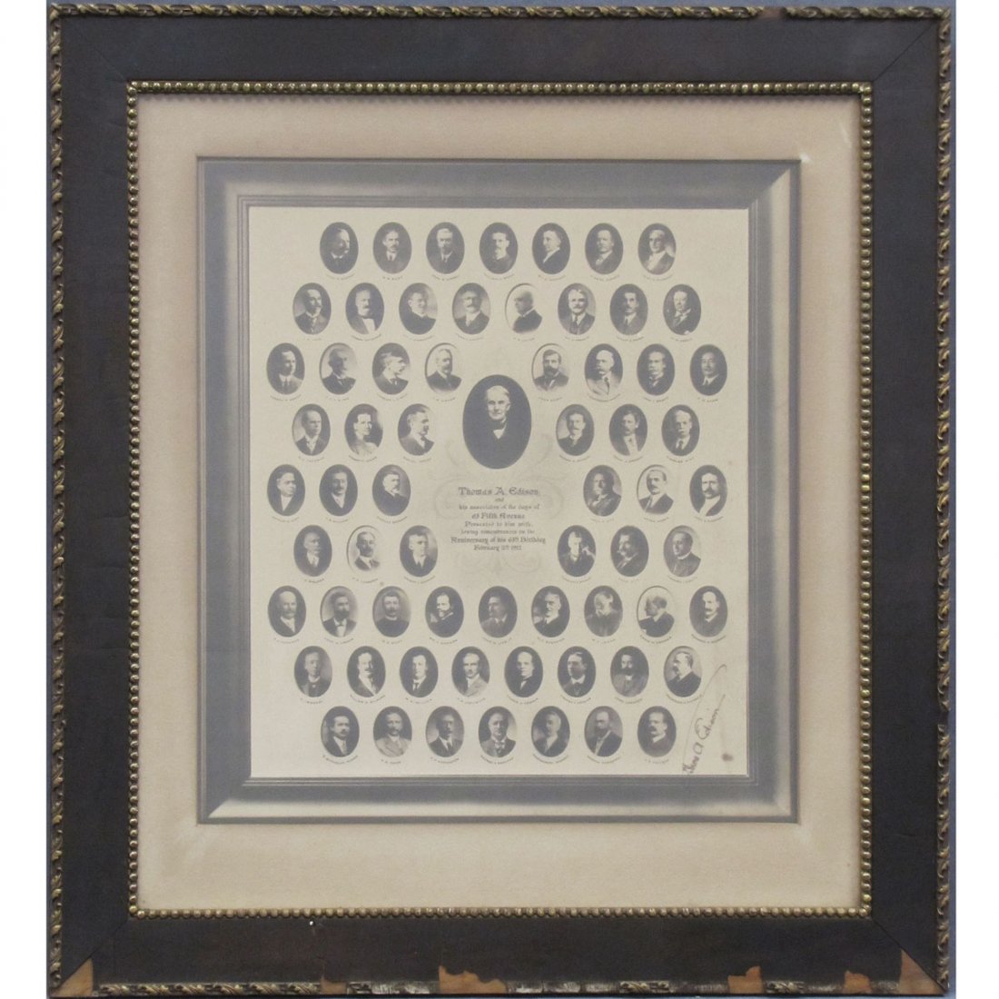 THOMAS ALVA EDISON (AMERICAN 1847-1931) AUTOGRAPH: THOMAS ALVA EDISON (AMERICAN 1847-1931) AUTOGRAPHED PRINT, THOMAS A. EDISON, 65TH BIRTHDAY PRINT, FEBRUARY 11, 1912. FRAMED & GLAZED 26 X 23"