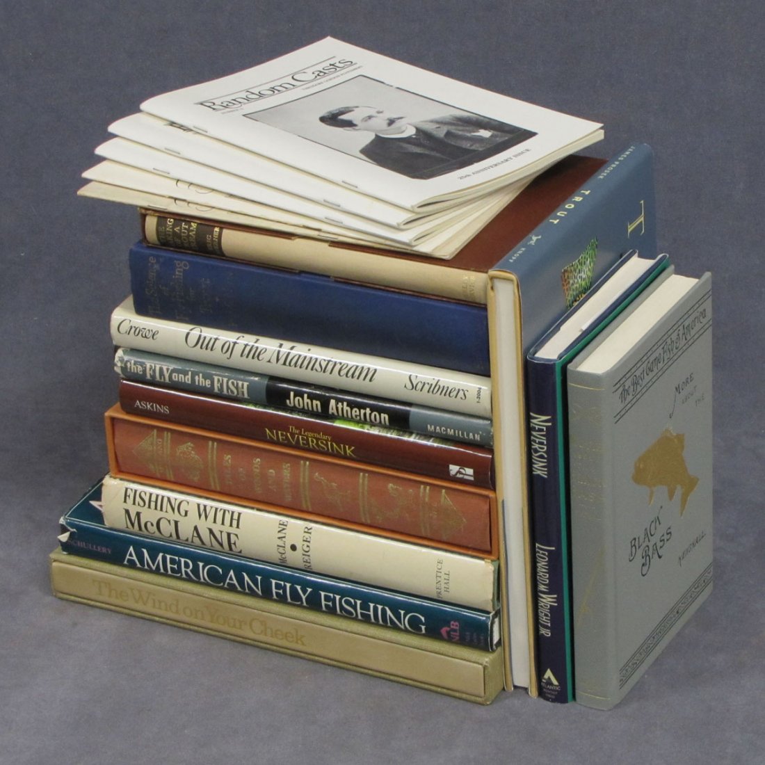 LOT (17) FISHING VOLUMES INCLUDING ERIC TAVERNER: LOT (17) FISHING VOLUMES INCLUDING ERIC TAVERNER, THE MAKING OF A TROUT STREAM (SIGNED), 1ST ED. 1953 WITH SLIPPED CASE; LEONARD M. WRIGHT, NEVERSINK-ONE ANGLER'S INTENSE EXPLORATION OF A TROUT RIVER 
