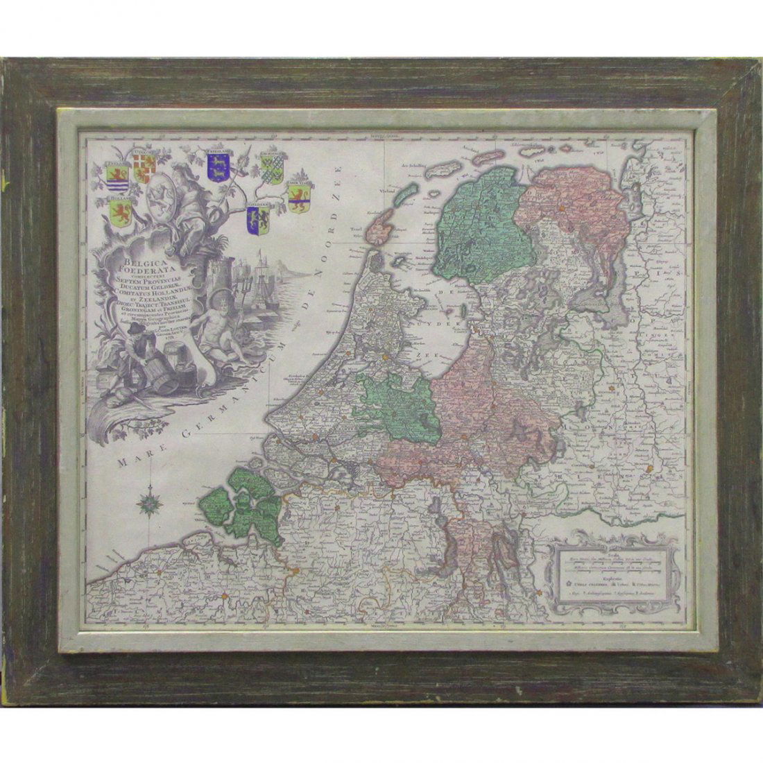 TOBIAS CONRAD LOTTER HAND COLORED ENGRAVED MAP: TOBIAS CONRAD LOTTER HAND COLORED ENGRAVED MAP OF THE BELGIAN FEDERATION, 1761. SIDE 18 3/4 X 23"; FRAMED AND GLAZED-24 X 28"