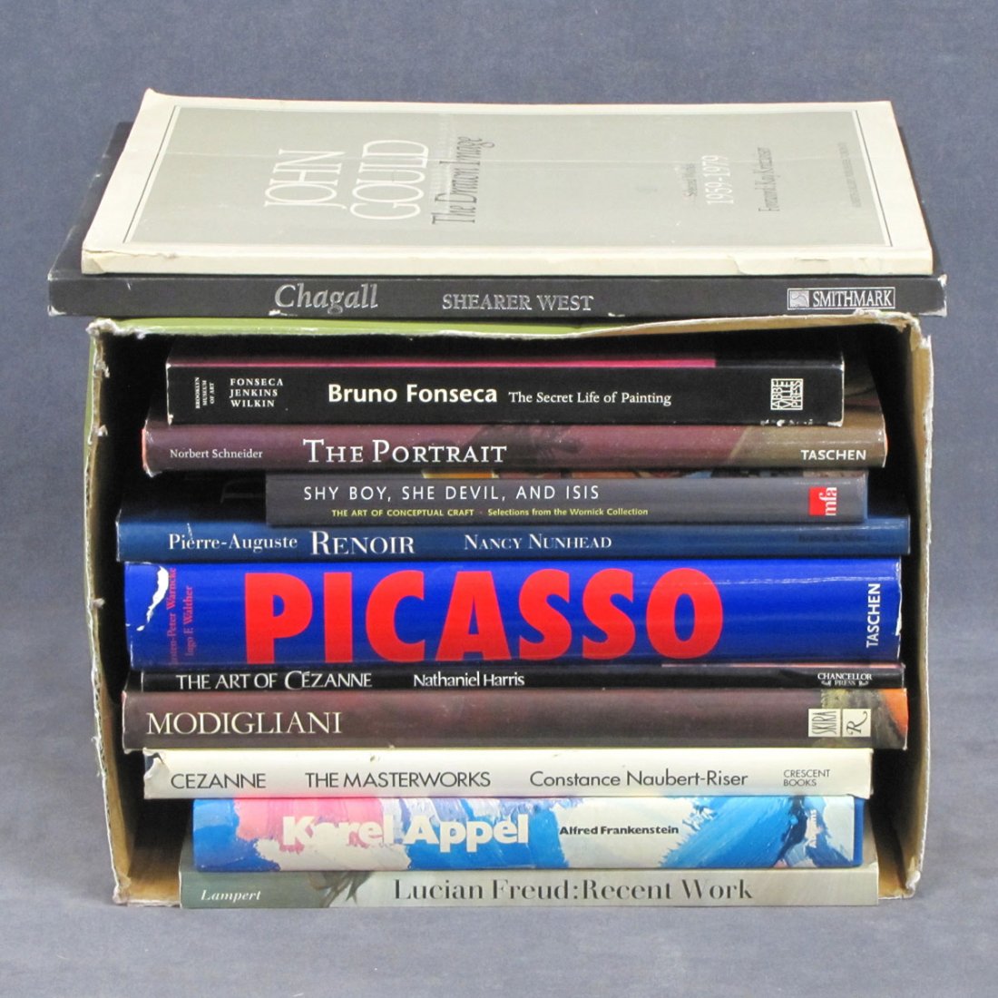 LOT (12) ASSORTED VOLUMES INCLUDING MODIGLIANI: LOT (12) ASSORTED VOLUMES INCLUDING MODIGLIANI, RENOIR, CHAGALL, CEZANNE, PICASSO, LUCIEN FREUD, KAREL APPEL, BRUNO FONSECA, ETC.