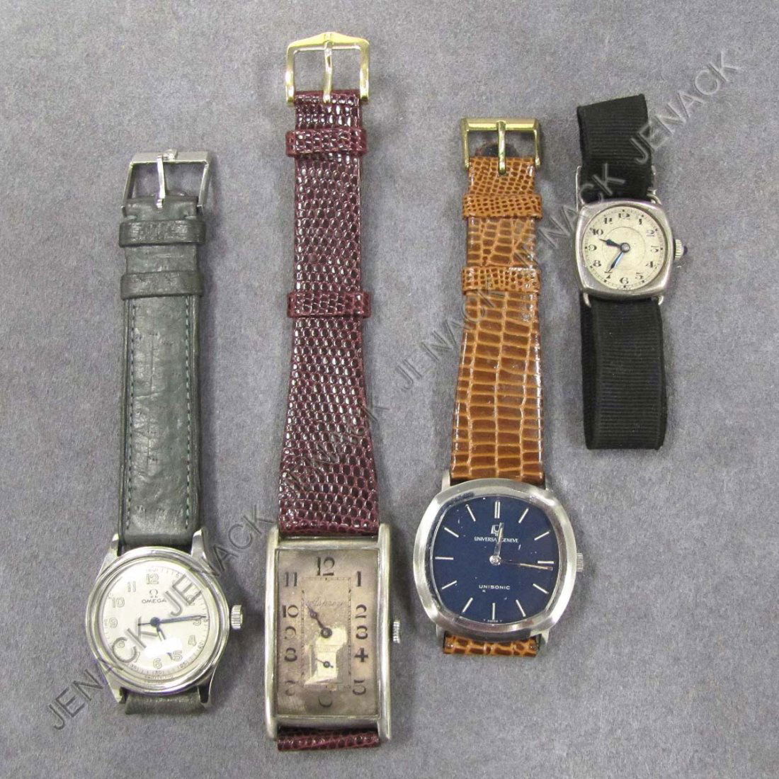 LOT (4) ASSORTED VINTAGE WRISTWATCHES: LOT (4) ASSORTED VINTAGE WRISTWATCHES INCLUDING ASPREY/BREGUET SILVER, 15-JEWEL TANK (NO CRYSTAL); OMEGA STAINLESS MILITARY STYLE, ENGRAVED "OSS FRANCE 1944", 31MM; UNIVERSAL GENEVE STAINLESS UNISONIC