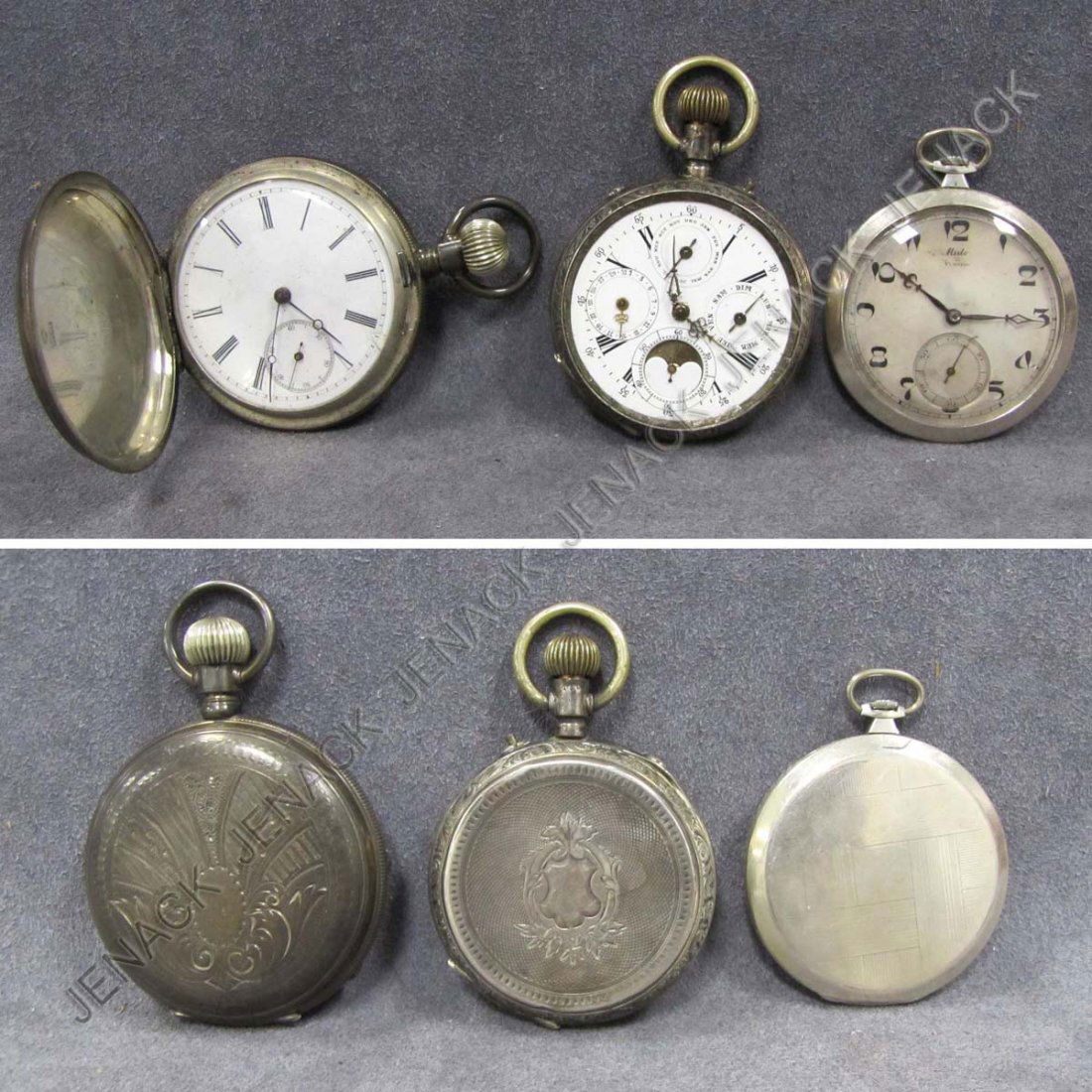 LOT (3) VINTAGE CONTINENTAL SILVER POCKET WATCHES: LOT (3) VINTAGE CONTINENTAL SILVER OPEN/HUNTER CASE POCKET WATCHES INCLUDING MULTI-FUNCTION/MOON PHASE; MIDO & A.G. MATHEY. 48-54MM