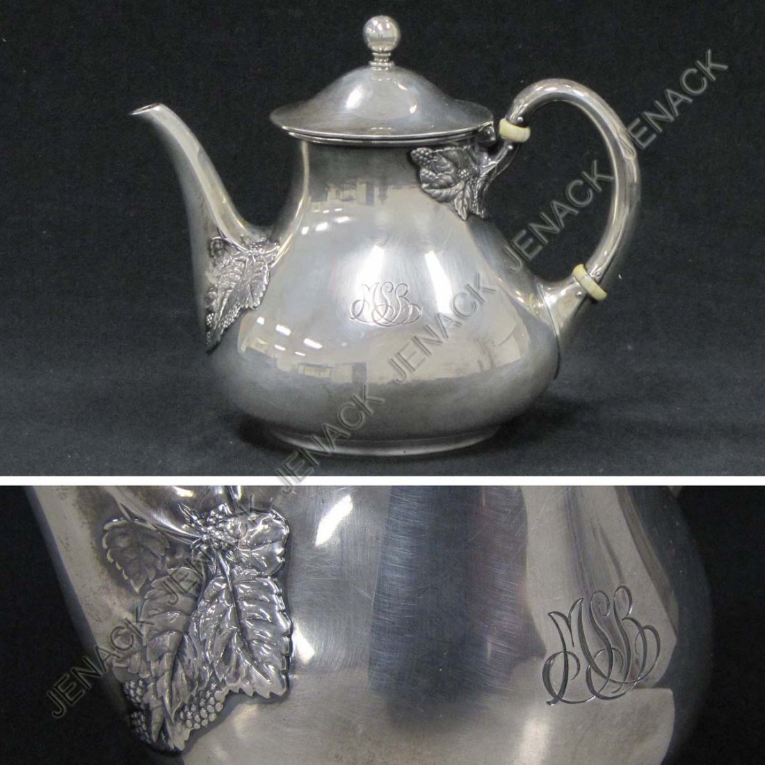 TIFFANY & CO. MAKERS STERLING TEAPOT, MOORE MARK : TIFFANY & CO. MAKERS STERLING TEAPOT, MOORE MARK, MONOGRAM, #18231A-8375. HEIGHT 5 1/2"; WEIGHT 14.23 OZT
