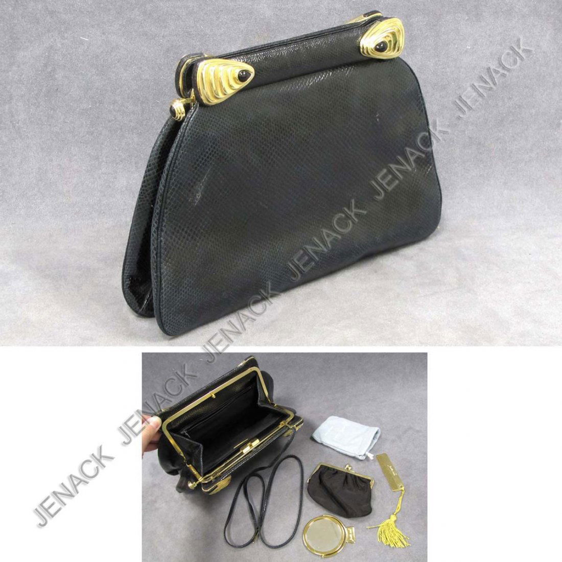 JUDITH LEIBER BLACK LIZARD CLUTCH/SHOULDER BAG: JUDITH LEIBER BLACK LIZARD CLUTCH/SHOULDER BAG WITH GOLD TONE AND ONYX MOUNTS, CONTAINS ORIGINAL COIN PURSE, COMB, AND MIRROR. LENGTH 10 3/4"