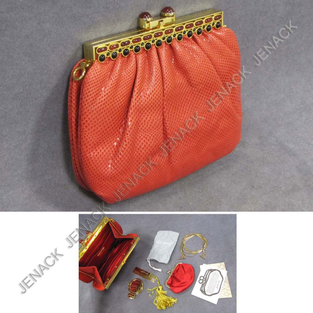 JUDITH LEIBER RED LIZARD CLUTCH/SHOULDER BAG: JUDITH LEIBER RED LIZARD CLUTCH/SHOULDER BAG WITH CARNELIAN AND ONYX STONES MOUNTED IN THE FRAME, CONTAINS ORIGINAL COIN PURSE, COMB, AND MIRROR. LENGTH 7 1/2"