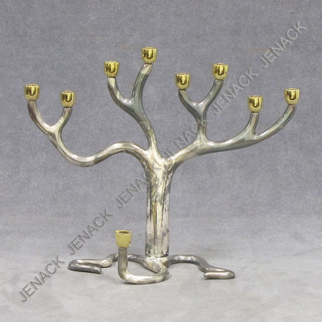 ROSENTHAL JUDAIC COLLECTION SILVER PLATED MENORAH: ROSENTHAL JUDAIC COLLECTION SILVER PLATED MENORAH, DESIGN BY SANDRA KRAVITZ. HEIGHT 9" CASED